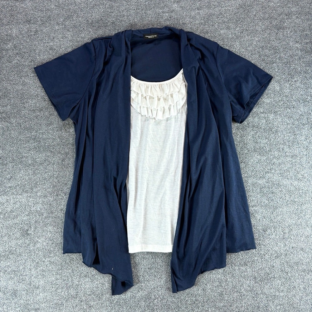 Perception Women Navy Blue 2-in-1 Ruffle Neck‎ Layered Cardigan Top XL Blouse